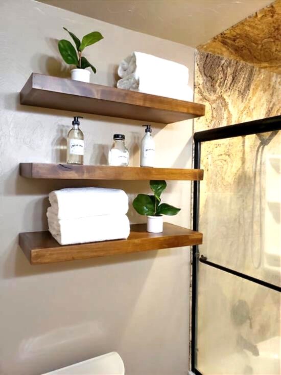 bathroom open shelves after staging vertical
